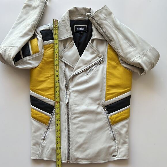 Tigha Leather Biker Jacket in White Yellow Black - Picture 12 of 16